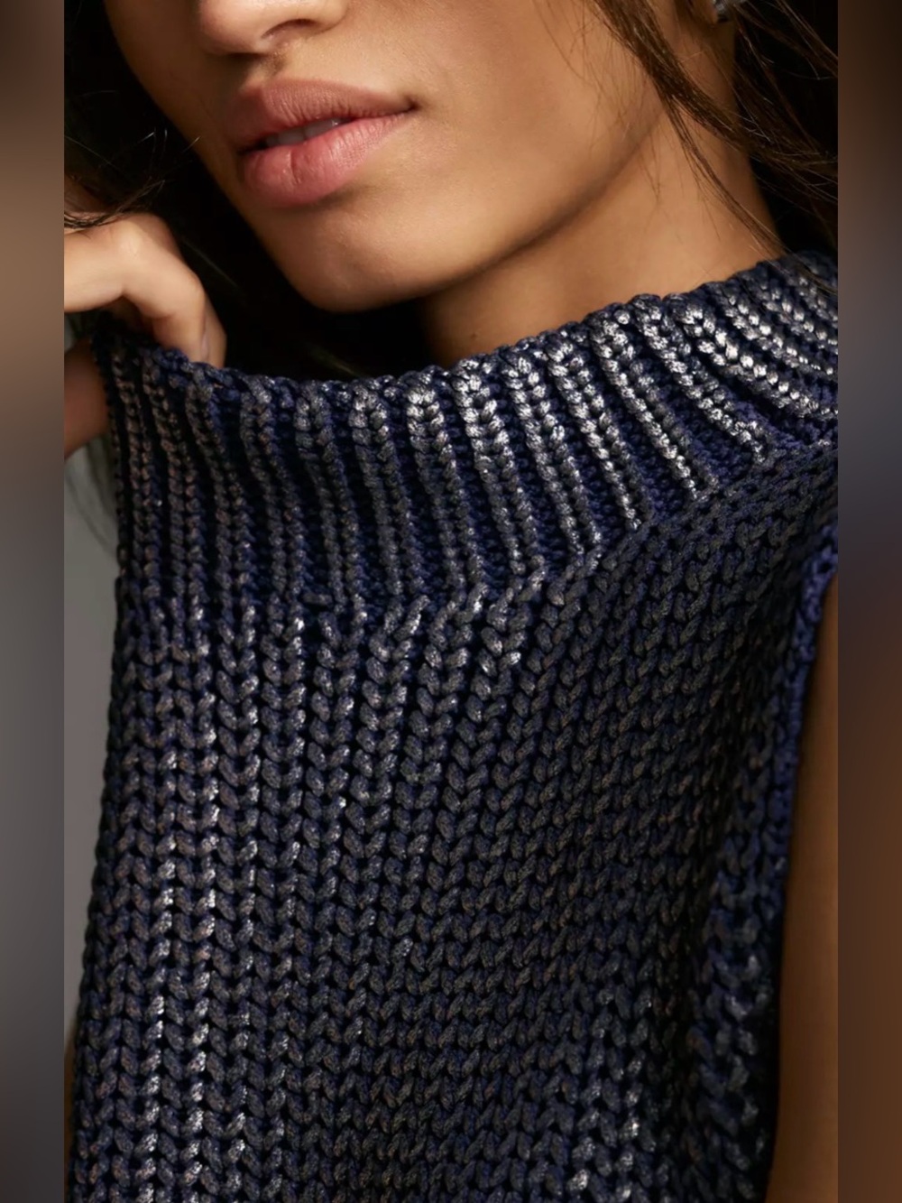 Pilcro Oversized Foil Sweater Vest Size L Blue & Silver Statement Anthropologie - Picture 4 of 14